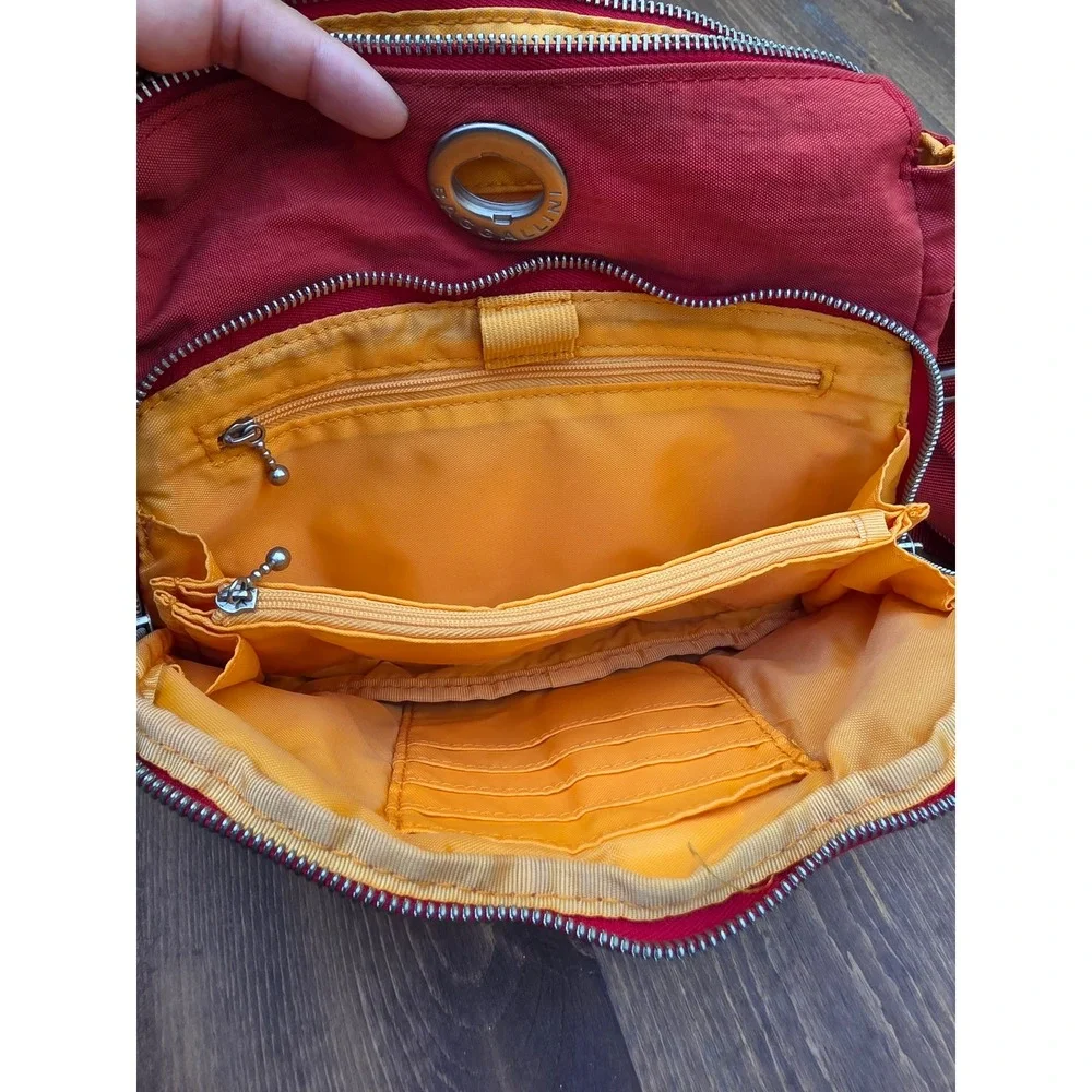 Baggallini RedOrange Nylon Crossbody Bag Travel Purse Multi Pocket Yellow Lining